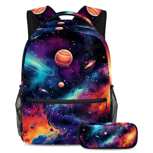 Cartables de grande capacité imprimé planète galaxie colorée avec trousse