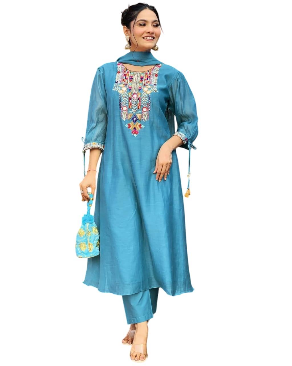 EKRAFT Bharat Women's Cotton Mirror Work Embroidered Straight Kurti with Pant and Dupatta Set (Blue-XL)-image-1