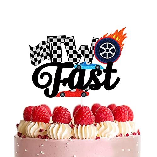 Tow Fast Cake TopperRace Car Theme 2nd Birthday Cake DecorFor BoyChequered Flag Decorations Supplies For Boys Tow Years Old