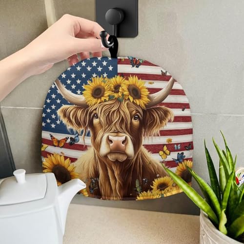 Image of Highland Cow Tea Pot Cover for Teapot American Flag Tea Kettle Cover Keep Warm Tea Cup Dust Proof Teapot Dust Protector for 4th of July