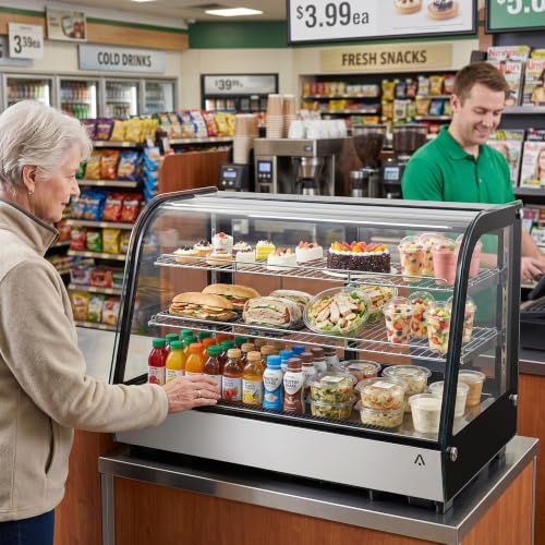 Image of 5.6 Cu.Ft Countertop Bakery Display Case - Double Glass Refrigerated, LED Lighting, Adjustable Shelves, Digital Temp Control, for Pastry, Cake, Sushi, 110V