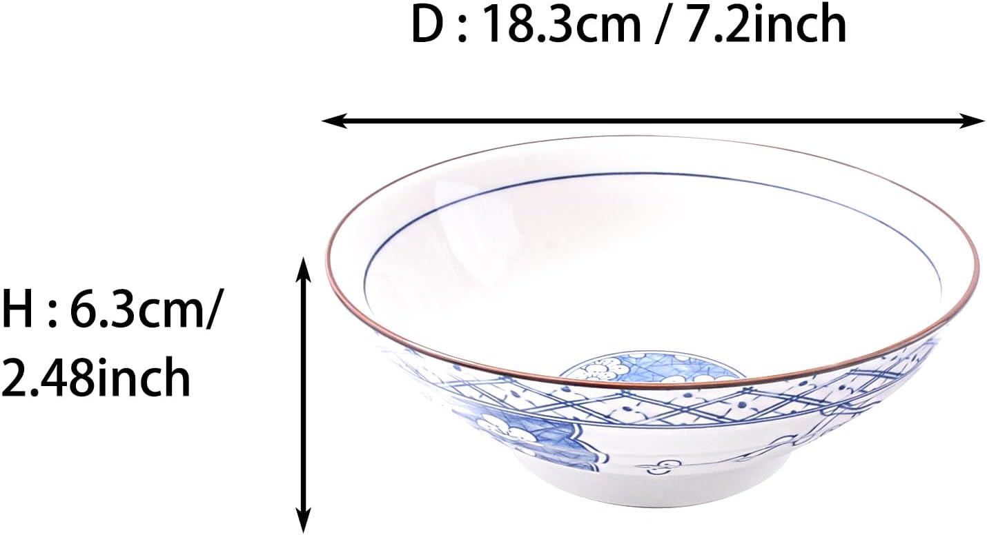 Ceramic Ramen Bowl Set of 2, 7.2‘’ Blue White Plum Blossom Soup Bowls