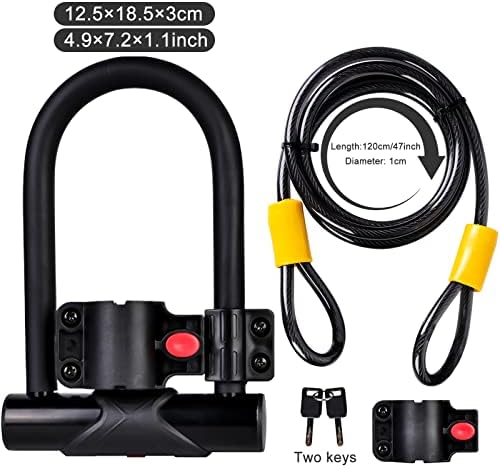 Bike Lock, 15mm Heavy Duty Bicycle U Lock Shackle, Bike U Lock with Cable with 1.2m Steel Chain Cable and 2 Keys, Bike D Lock Sold Secure with Mount Holder for Road Bike, Electric Bike