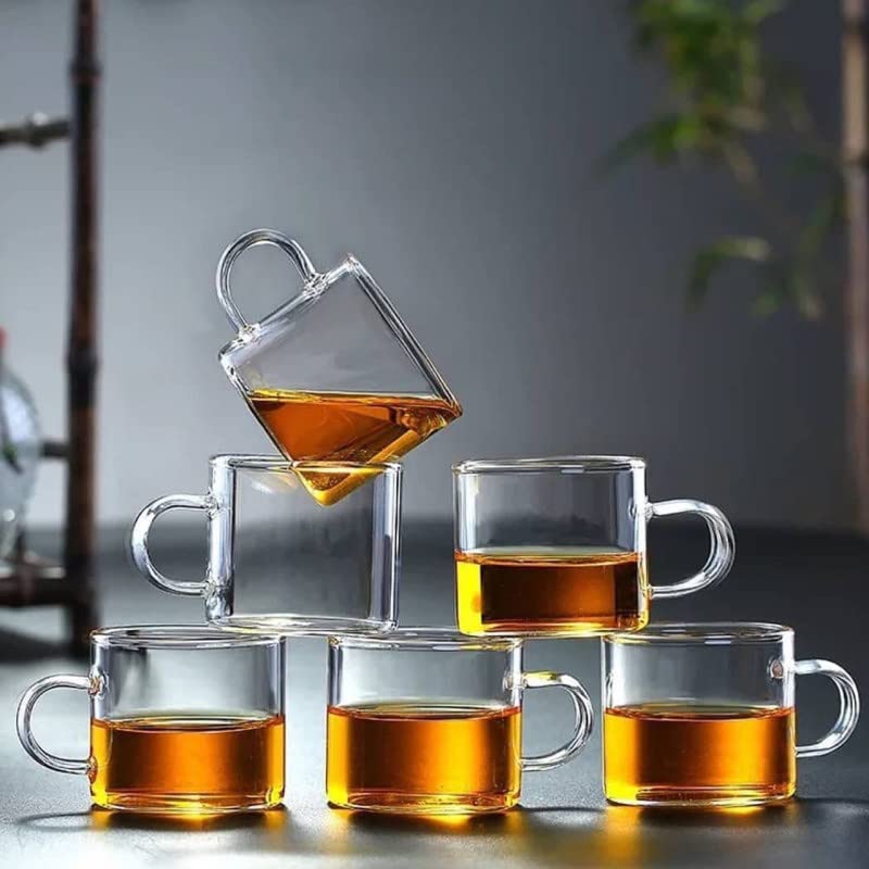 Image of IndusBay Pack of 6, Borosilicate Glass Tea Cups 130 ml Clear Glass Small Tea Coffee Mugs with Handle, Microwave Safe
