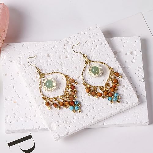 Bohemian Long Tassel Turquoise Beads Water Drop Dangle Earrings For Women Vintage Sbb Copper Coil Necklace Mujer Exaggerated Earring4