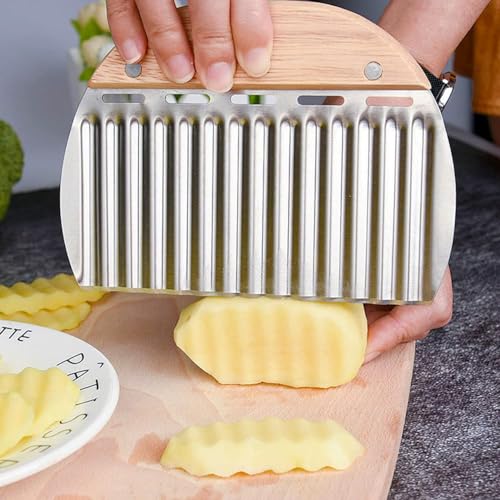 Image of Crinkle Cutter, Stainless Steel French Fry Slicer Knives for Potatoes Salad Carrot, Heavy Duty Wavy Crinkle Cutting Chopping Tools with Wooden Handle (Pack of 1)