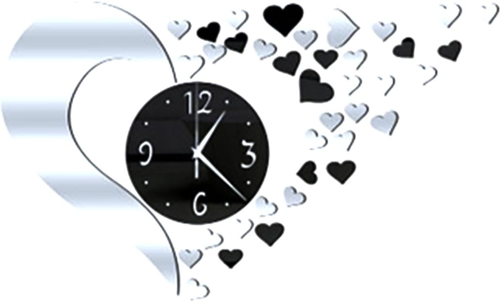DIY Wall Clock Acrylic Heart Shapes Mirror Effect Large Wall Clocks Unique Interior Decoration 500x400x1mm (Silver+Black)