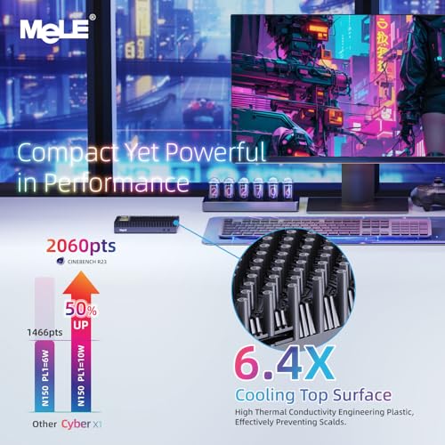 Image of MeLE Cyber X1 Fanless Mini PC N150 8GB DDR4 256GB eMMC with Windows 11 Pro | Dual HDMI+USB-C 4K Triple Display|WiFi 5 BT5.1|0dB Silent|Unlock BIOS,Auto Power On,PXE,WoL|VESA Mount|Industrial Business PC