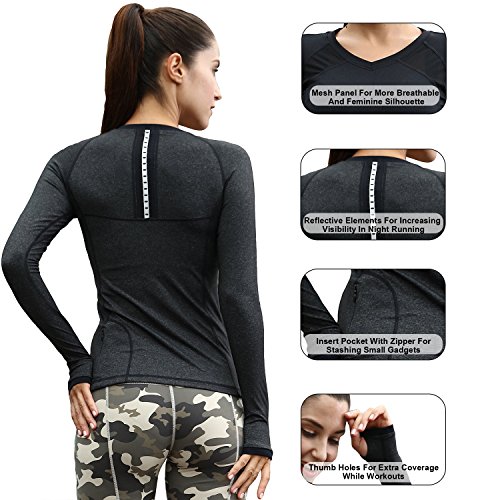 Long Sleeve T Shirts for Women Workout Tops Athletic Yoga Running Shirts V Neck with Thumb Holes Grey, M