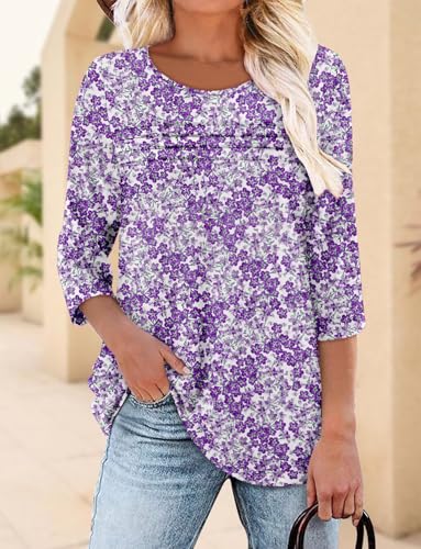 KISSMODA Women's Casual 3/4 Sleeve T-Shirts Round Neck Cute Tunic Tops Basic/Pleated Summer Tops Trendy Spring Blouses