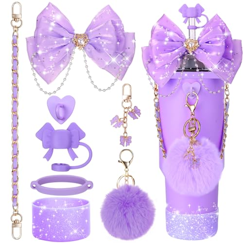 Mity rain Bling Cup Accessories for Stanley Cup 30oz 40oz 20oz Tumbler with Handle, including Bow Straw Topper Cover, Straw Bow Decorate, Leather Water Bottle Handle Strap, Boot (Purple)