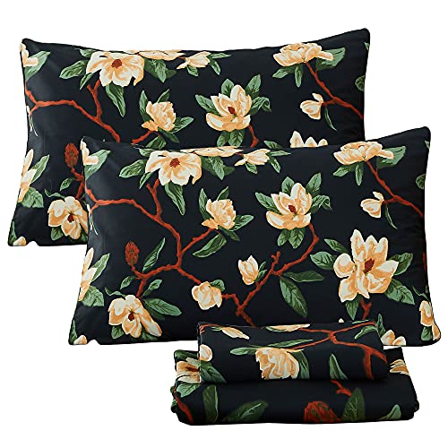 Image of FADFAY Sheets Set King Shabby Black and Yellow Floral Bedding Elegant Peony Sheets Set Vintage Farmhouse Bedding Soft 100% Egyptian Cotton 800 Thread Count Deep Pocket Fitted Sheet, 4Pcs-King Size