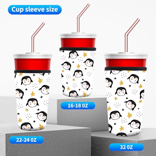 Image of 3 Pack Reusable Neoprene Insulator Sleeve for Iced Coffee Cups, Funny Coffee Cup Sleeves for 16-32oz Coffee cups, Cute Drink Sleeve for Cold Hot Beverages Cute Penguin