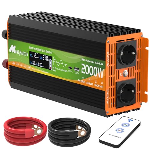 2000W Convertisseur 12v 220v Pur Sinus Transformateur Onduleur 2 Prises UE avec LCD Télécommande Ports USB+Type-C pour RV Voiture De...