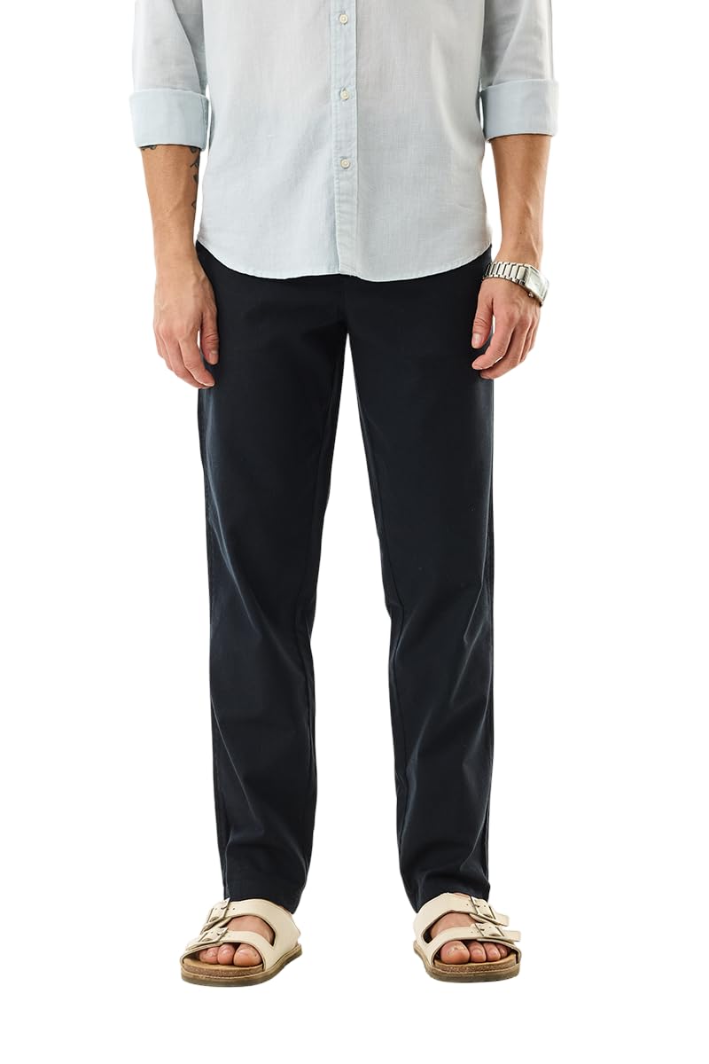 SNITCH Men Casual Trousers | Slim Fit Mid Rise Textured Design | Cotton Linen Blend & Breathable Fabric for Summer & Street Wear in neutral