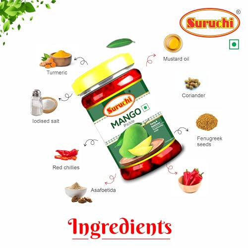 Image of Suruchi Mango Pickle - 500g | Khatta Aam Ka Achar | Ready to Eat Mango Pickle | Authentic Indian Achar | Pure & Natural Ingredients | Hygienically Packed (Pack of 1)
