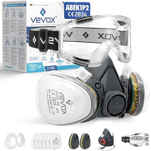 VEVOX® Máscara respiratoria con filtro ABEK1P2 – Protección contra gases, vapores y partículas finas de polvo – Ideale para pintura, lijado y obra – Con 6 filtros P2 antipartículas y 2 ABEK1 antigás