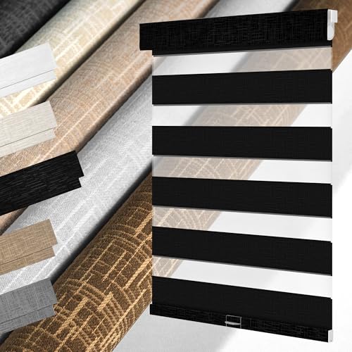 MoDanCeQ No Drill No Tools Zebra Blinds for Windows,Linen Fabric Cordless Zebra Shades,Custom Double-Layer Window Blinds,Easy to Install Roller Shades,Black,Custom Size