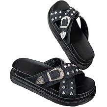 Women's Studded Cross Strap Platform Slide Sandals Double Buckle Y2K Punk Slip On Casual Beach Mules