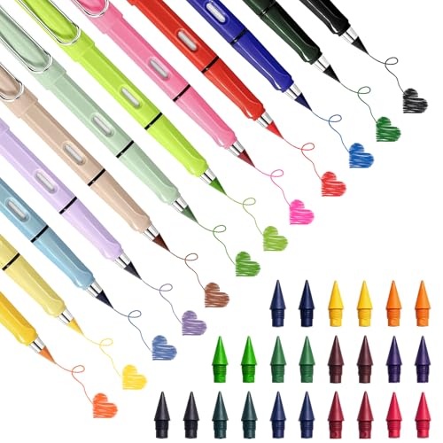 Rwbimti Ewiger Bleistift 12 Stück Swify zauberbleistift mit 24 Stück Wechselköpfen Bunter Tintenloser Buntstifte mit Radiergummi Unendlicher Pencil für Erwachsene Studenten und Künstler
