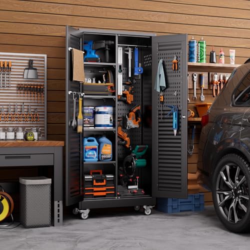 Aobabo Lockable Metal Storage Cabinet with 4 Adjuatable Shelves,Garage Storage Cabinet with Wheels and 5 Remove Pegboard,Required Assembly,Black,70.87\'\'H*31.5\'\'W*15.75\'\'D