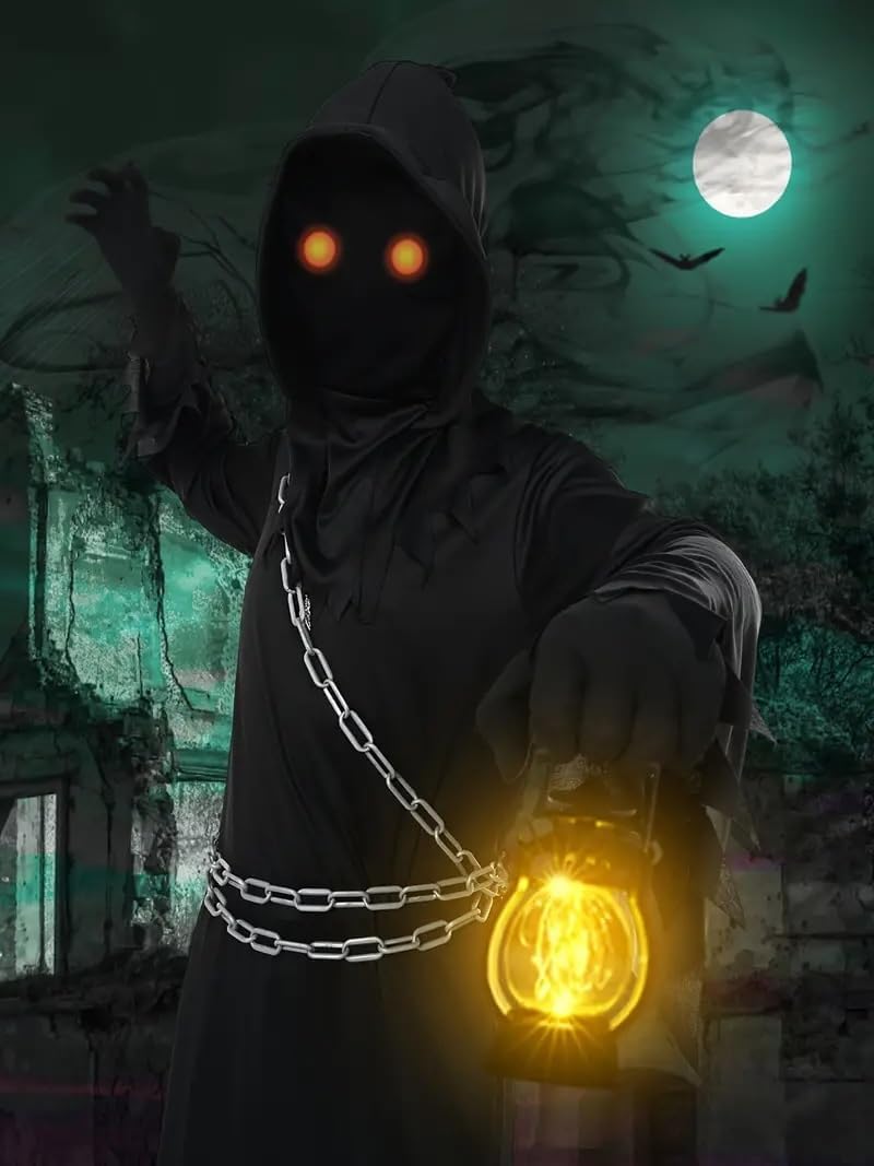 6 Pcs Halloween Grim Reaper Costume Kids Dark Knight Glowing Eyes Reaper Phantom Outfit - Image 4