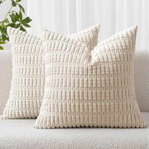 MIULEE Cushion Covers 45x45 cm Corduroy Cream White Square Decorative Throw Pillow Covers 18x18 Inch Boho for Living Room Sofa Bedroom Pack of 2