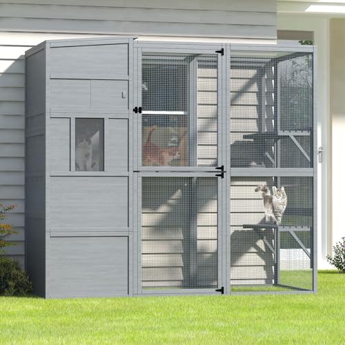 TIMHAKA Large Cat Catio, 4 Tier Cat Enclosures House for Outdoor Indoor Cats with Weatherproof Roof, 3 Resting Rooms, 3 Platforms, Cat Catio Connect to Window with 2 Large Door, 76\"L x 32.9\"W x 70.8\"H