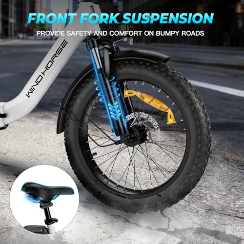 Image of WINDHORSE 20 inch Foldable Electric Bike, 983W Peak Motor, 20MPH, 40-70 Miles, 48V 748.8Wh Removable UL Battery, Front Suspension, Fat Tire E-Bike for Commuting, Beach, All -Terrain | Adults & Teens