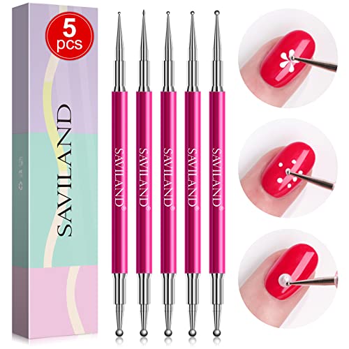 Saviland Dotting Tools Set - 5pcs Double-End Dotting Pen Set, Nail Art Dotting Tools, Embossing Tools with Rose Gold Color Handle for Painting Balls, DIY Nail Art Design
