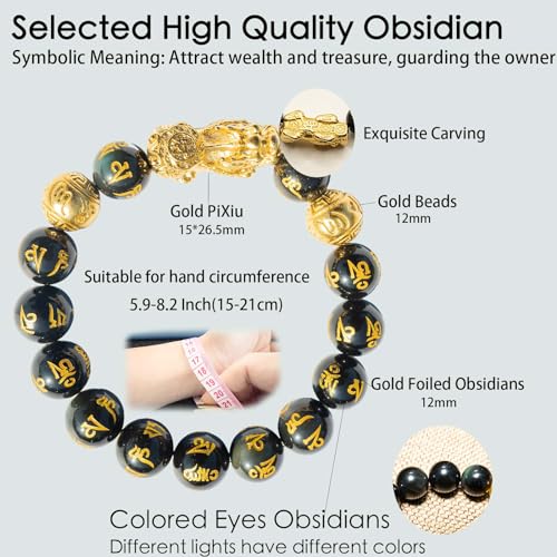 Feng Shui Bracelet 24k Gold Plated PiXiu, Obsidian PiXiu Wealth Bracelet Dragon Protection, Mantra Prayer Beads Bracelets Can Bring Good Luck, Wealth and Health for Men Women2