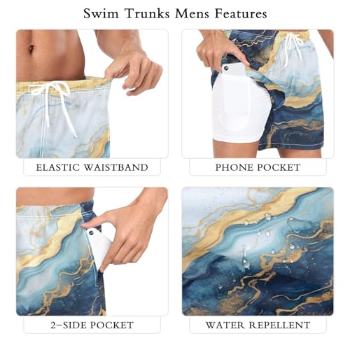 2 in 1 Mens Gold Blue Marble Swim Trunks 4.7 Inch Swim Shorts Swim Suits Board Shorts（307）4