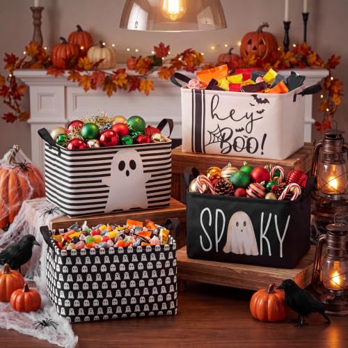 Image of Chunful 4 Pcs Halloween Storage Baskets Black Hey Boo Cute Ghost Laundry Boo Basket Horror Scary Hamper Foldable Storage Bins with Handle Collapsible Organizer for Home Closet Office Bedroom