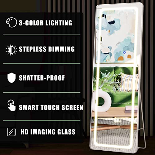 Fennio Full Length Mirror With Lights 63"X20", Led Full Body Mirror, Free Standing Lighted Floor Mirror, Wall Mounted Hanging Mirror With Lights For Bedroom, Aluminum Frame, Dimming & 3 Color Lighting #TOP4