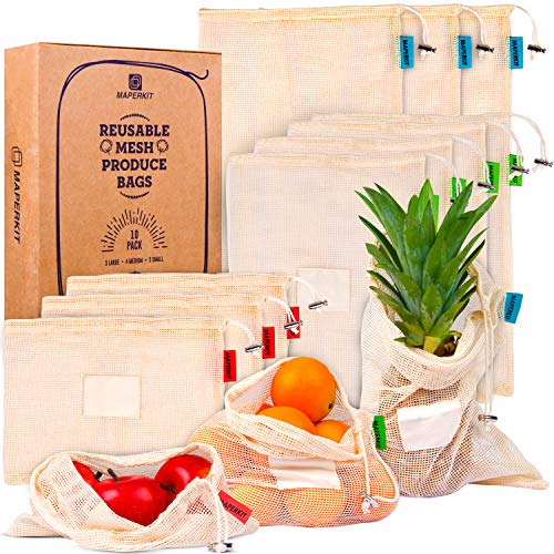 Maperkit Reusable Mesh Produce Bags Grocery Reusable 10 Pack - Netzero Reusable Produce Bags Washable with Drawstring - Biodegradable Organic Cotton Mesh Bags for Vegetables and Storage