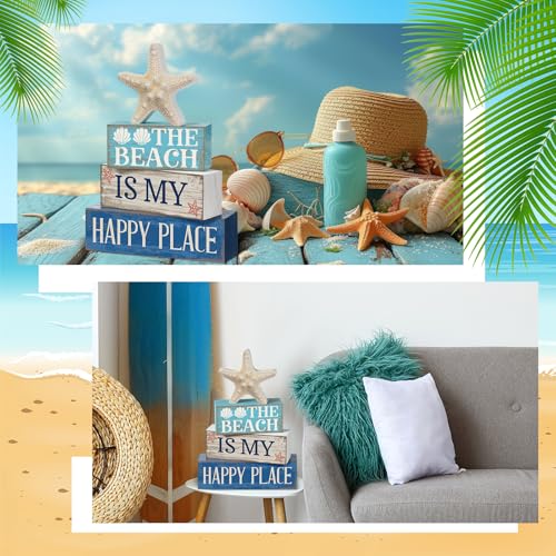 Image of Moucuny 4 Pcs Summer Table Decoration Beach Tiered Tray Decor Starfish Coastal Rustic Wooden Block Sign Gifts Blue and White Ocean Centerpieces Farmhouse Beach Nautical Decor for Home Shelf Mantel