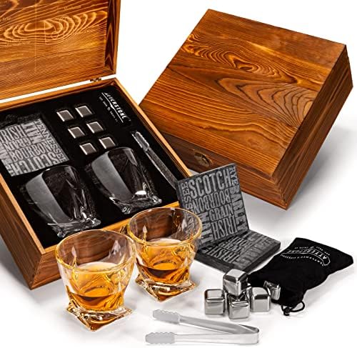 Atterstone Whiskey Set Cocktail Box for Men and Women - 2 Swirl Glasses, 6 Stainless Steel Chilling Whisky Stones, 2 Coasters, Tongs, Wood Box, Gift for Holidays, Father's Day, Groomsmen, Weddings