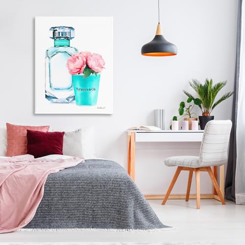 Image of Teal Perfume Bottle Peonies Glam, 36 x 48 Inch Canvas Wall Art | Stupell Industries . By Amanda Greenwood . Ready to hang . Chic gift for home decor . Made in USA