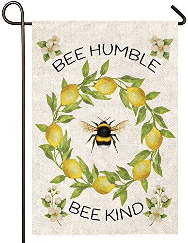 Atenia Bee Humble and Kind Garden Burlap Flag, Double Sided Bee Wreath Sign Garden Outdoor Yard Flags for Summer Decor (Garden Size - 12.5X18)