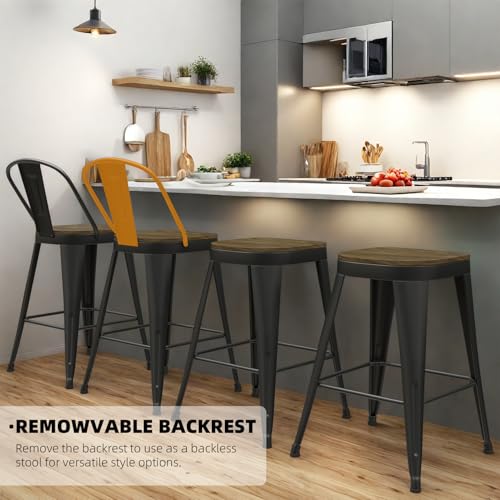 Butacos de Barra de 26 Pulgadas, Juego de 2 Unidades, con Espaldar Alto y Asiento de Madera, Butacos Industriales de Metal para Isla de Cocina (Negro Mate) miniatura 4