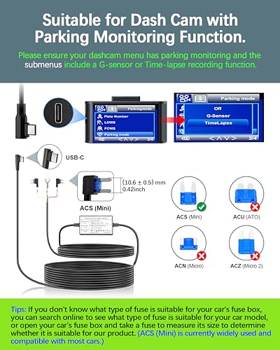 Range Tour Dash Cam Hardwire Kit, 4m/13.12ft 12V-24V to 5V 2.5A Car Dash Camera Charger Power Cord USB-C Hard Wire Kit Fuse for Dashcam Suitable for Car Truck SUVs, 3-core ACS Mini-Type Fuse