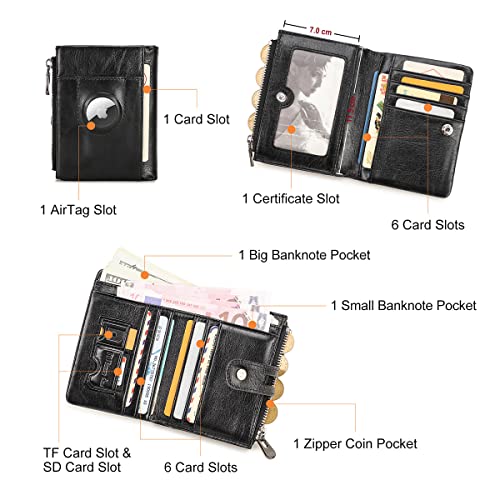 Contacts Bifold Wallet Leather AirTag Purse for Women Men Minimalist Small Coin Card Zipper Pocket with RFID Blocking (Black)4