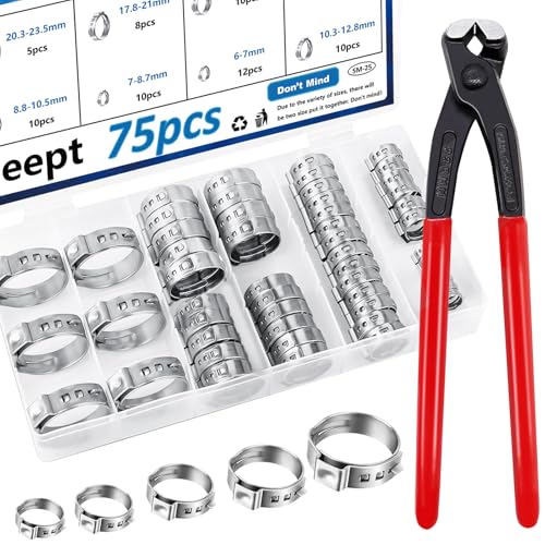 Seept 75Pcs 8-Sizes 304 Stainless Steel Single Ear Hose Clamps with Ear clamp plier 6-23.6mm Crimp Hose Clamps Assortment Kit for Auto/Home Appliance/Pipe/Fuel Line Stepless Hose clamp with pincer