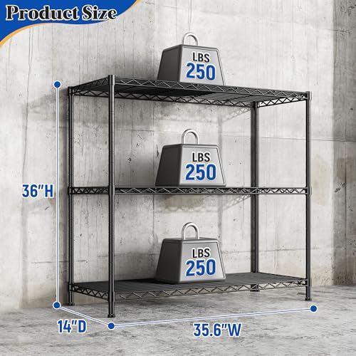 Image of 3- Shelf Metal Shelving Unit 35.6Wx14Dx36H,Adjustable Storage Shelves Heavy Duty Garage Steel Shelving for Office,Wire Rack Small Shelf for Kitchen Shelves Laundry Bathroom Pantry Closet Black,2pc