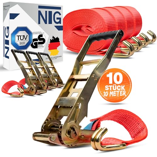 10 unidades de 5000 kg 10 m correas tensoras con trinquete Ergo y ganchos homologados TÜV/GS, correas de amarre, 2 piezas, correa de amarre para camiones, 50 mm
