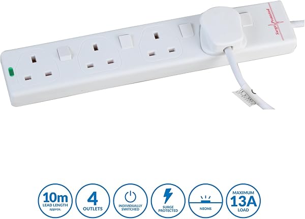 PRO ELEC PELB1942 4 Gang Switched Surge Protected Extension Lead White, 10m - 2