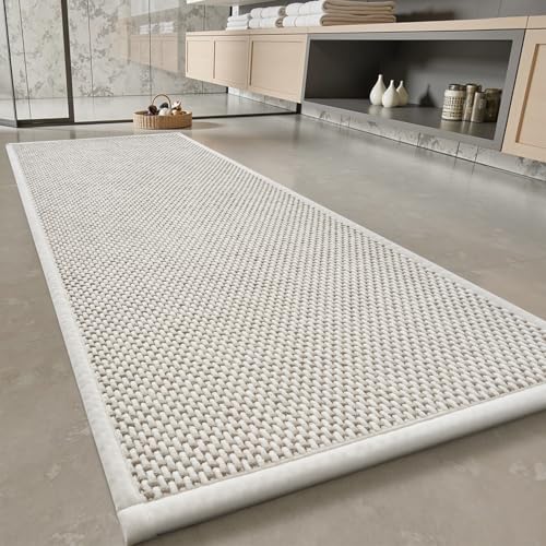 PADOOR-Bath Mat Runner-Super Absorbent Chenille Bathroom Mats-Rubber Backed Bath Mats for Bathroom Non Slip, Easy Clean Bathroom Runner Rugs Front of Bathtub,Shower Room,Sink-24×48, Beige&Cr