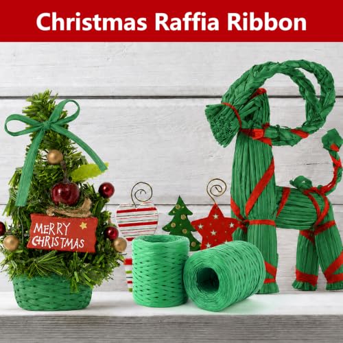 Image of BEVTEE 436 Yards Raffia Yarn for Crochet, Packing Paper Twine 2 Rolls Green | Paper Ribbon for Wrapping Christmas Crafts DIY Decoration, Easy to Tie, Perfect for Basket Weaving Supplies