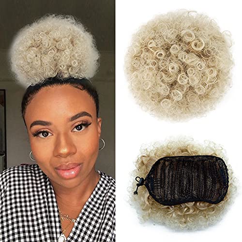 Yinmei Baibian Brown Blonde Afro Puff Drawstring Ponytail Kinky Curly High Puff Ponytail Bun Hair Piece Short Clip in on Updo Hair Extensions for Black Women(27/613#)