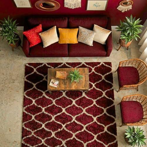 Image of Ultra Premium Shaggy Polyester Micro Rug | Super Soft Fluffy Carpet | Non-Slip Washable Area Rug for Bedroom Living Room - (Maroon M, 3x6 feet, Rectangular)